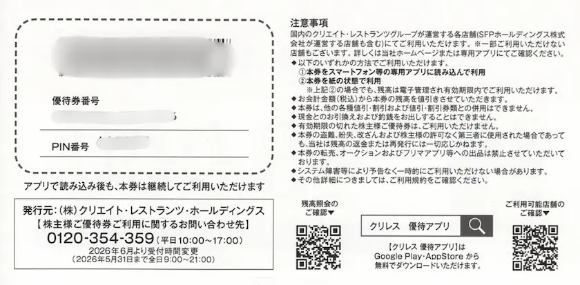クリエイト・レストランツ・ホールディングスの株主様ご優待券(裏)