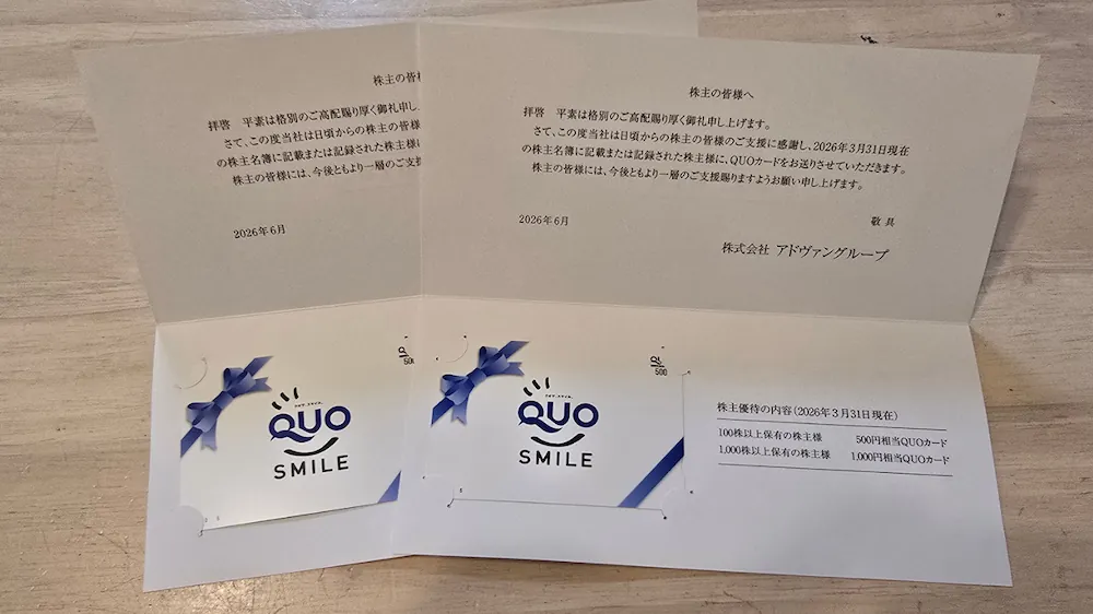 7463アドヴァングループ株主優待のQUOカード