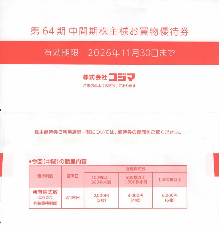 7513コジマの優待券の封筒の表裏