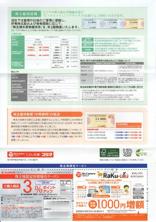 7513コジマの優待券と同封されていたクーポン等