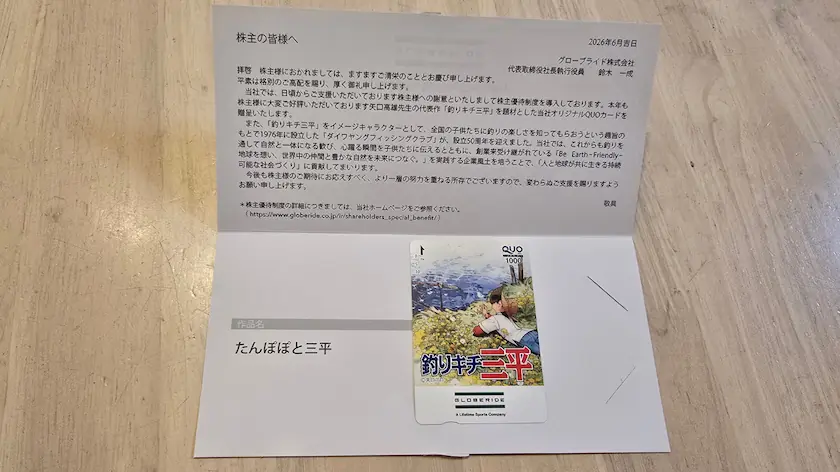 7990グローブライド株主優待の釣りキチ三平のQUOカード