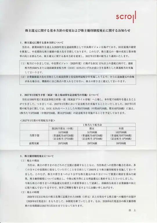 8005スクロール株主優待廃止のお知らせ
