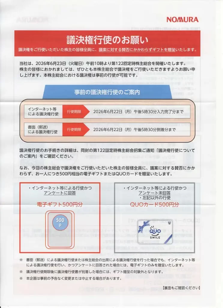 8604野村ホールディングスの議決権行使によるギフト(隠れ優待)