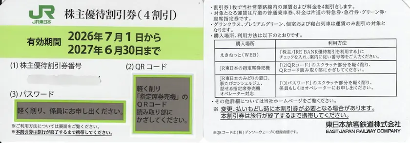 9020東日本旅客鉄道株主優待の株主優待割引券(4割引)
