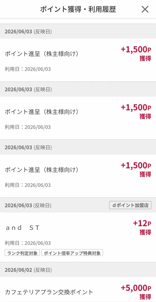 9432NTT株主優待のdポイント反映画面