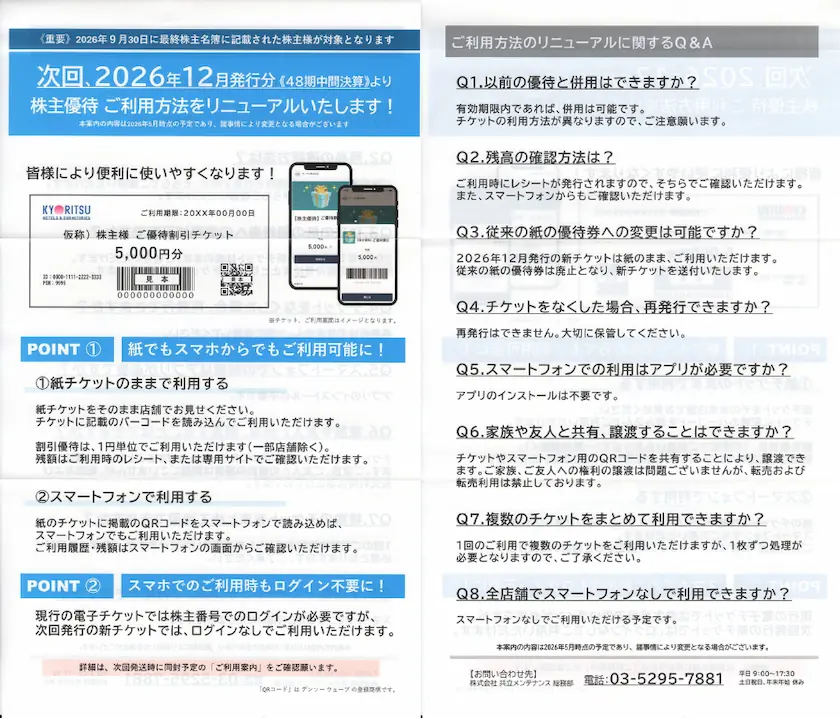 9616共立メンテナンス株主優待利用方法のリニューアル(表と裏)