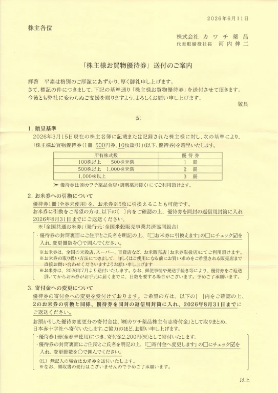 2664カワチ薬品の株主優待の案内