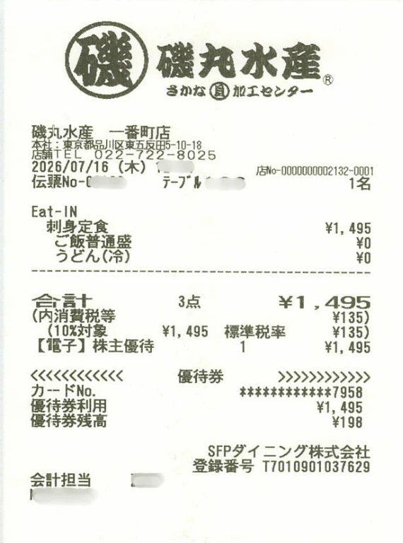 3387クリエイト・レストランツ・ホールディングスの株主優待を利用して磯丸水産で無料ランチ(7月)の実際のレシート
