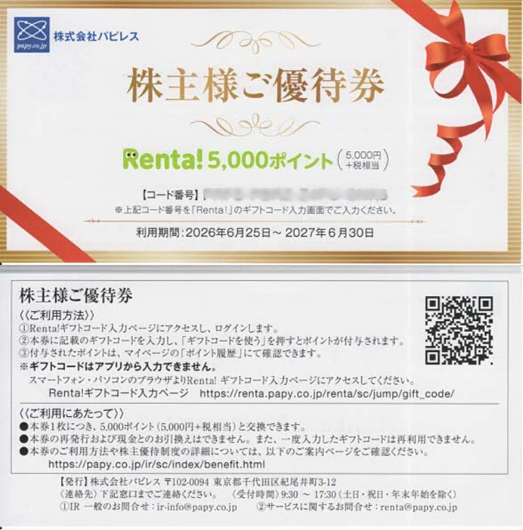3641パピレス株主優待券(表と裏)