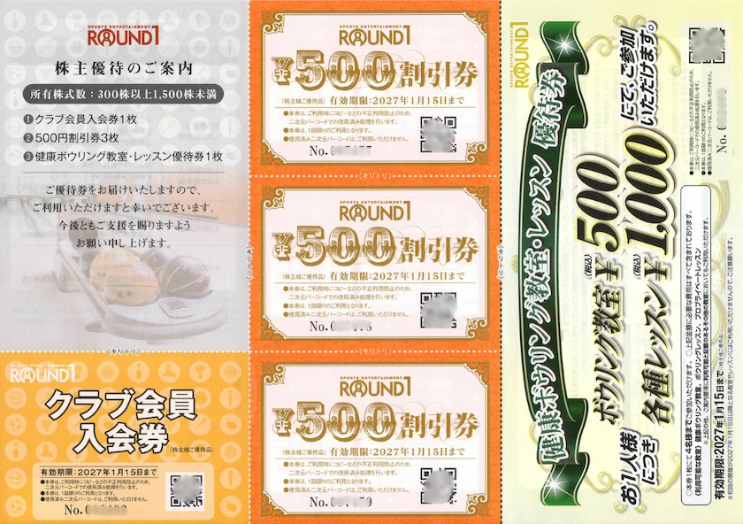 4680ラウンドワンの2026年3月権利分の300株保有時株主優待券(表)