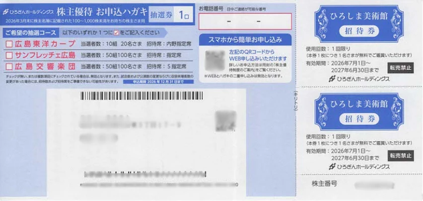 7337ひろぎんホールディングス株主優待の抽選申込ハガキとひろしま美術館の招待券