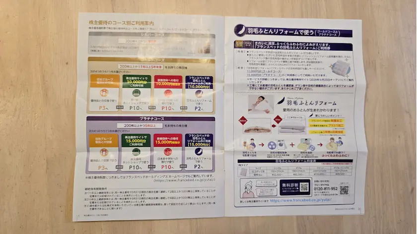 7840フランスベッドホールディングス株主優待実際に届いたご利用案内