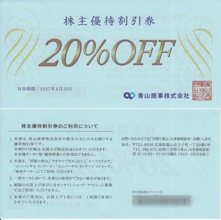 8219青山商事の株主優待割引券(表と裏)