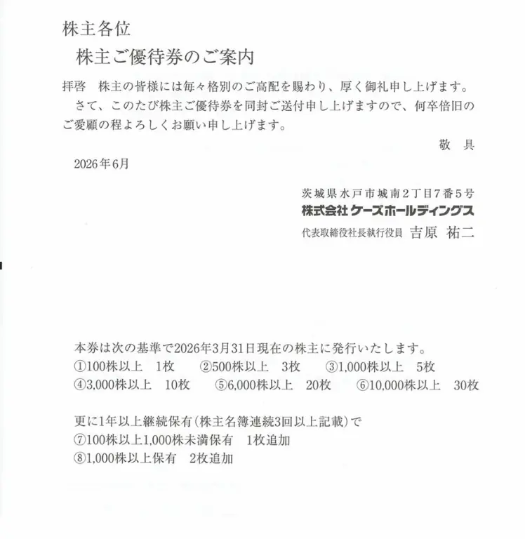 8282ケーズホールディングス株主優待の案内(表と裏)