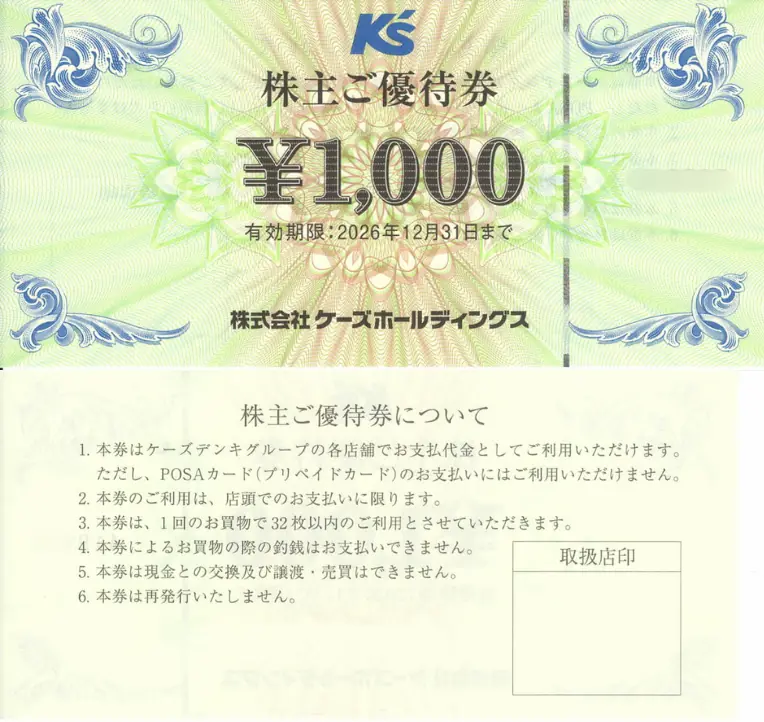 8282ケーズホールディングス株主優待の株主優待券(表と裏)
