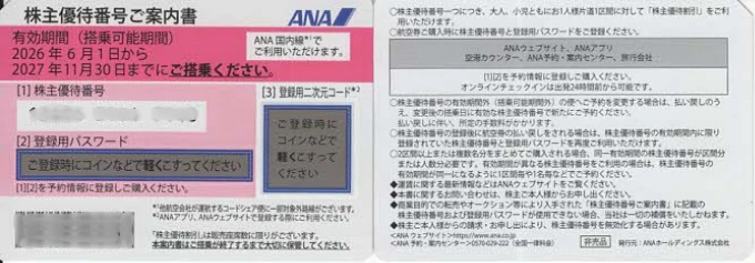 9202ANAホールディングス株主優待券(表と裏)