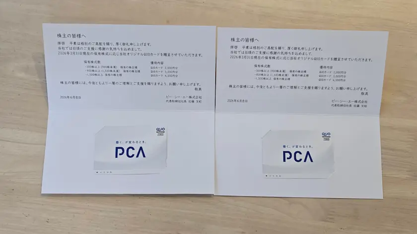 9629ピー・シー・エー株主優待で実際に届いたQUOカード