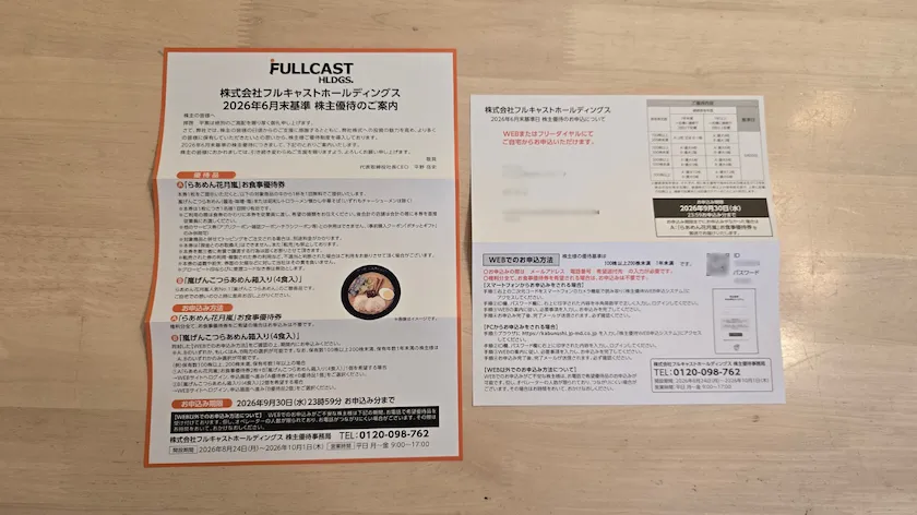 フルキャストホールディングス(4848)実際に届いた株主優待案内と申込書