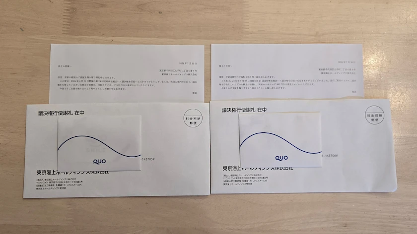 8766東京海上ホールディングスの議決権行使によるQUOカード
