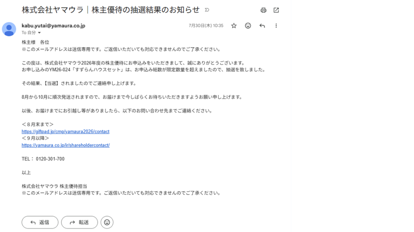 1780ヤマウラの株主優待で申込んだ商品「すずらんハウスセット」の当選メール