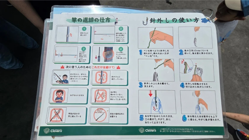 案内(竿の返却の仕方と針外しの使い方)