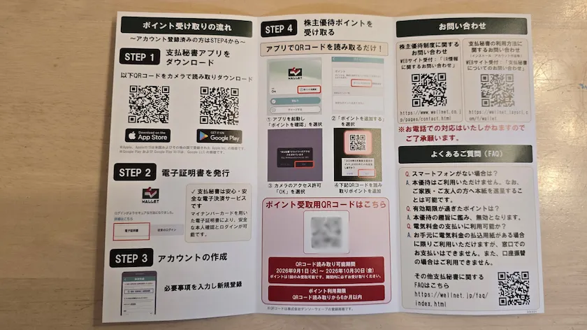 ウェルネット(2428)から実際に届いた株主優待案内(裏)
