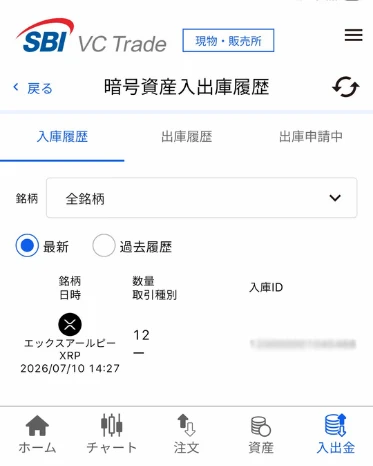 SBI VC トレード 入庫履歴