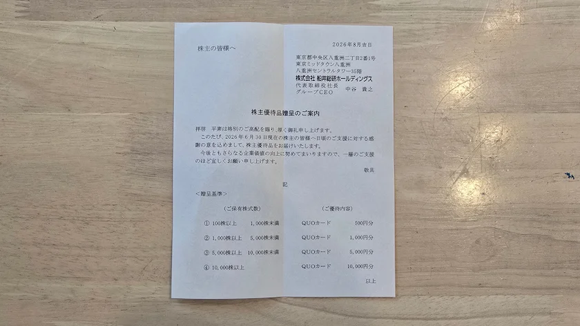 船井総研ホールディングス(9757)から実際に株主優待の案内